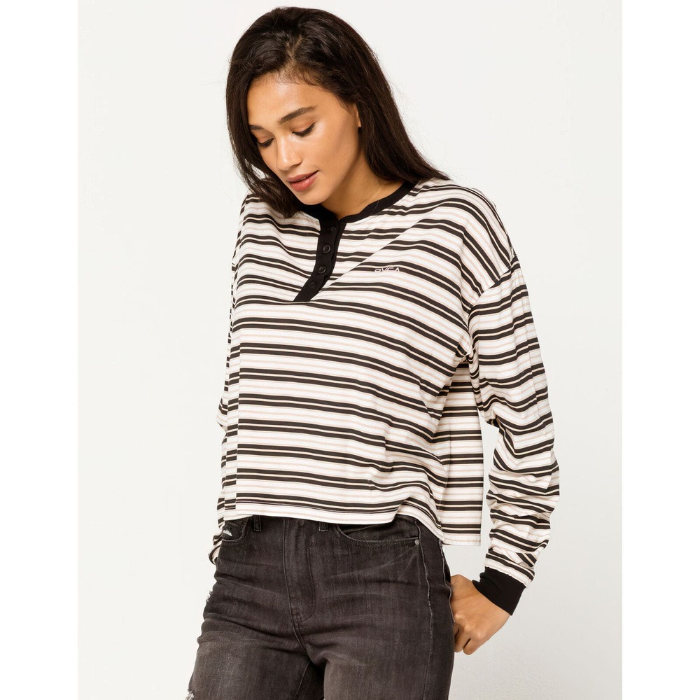 RVCA Women's Severin Stripe Henley Cropped Long Sleeve Tee T-Shirt Top